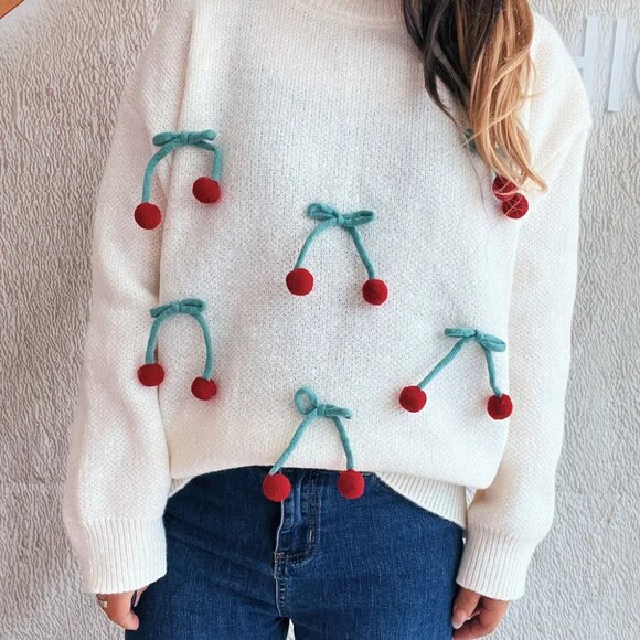 Cherry Round Neck Long Sleeve Sweater - Picture 4 of 16